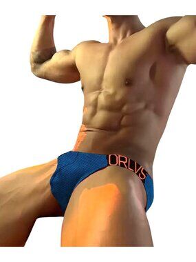 ORLVS Mens Blue Bikini Briefs* Orange Waistband *Supportive Pouch*Gay*L*NIP*New